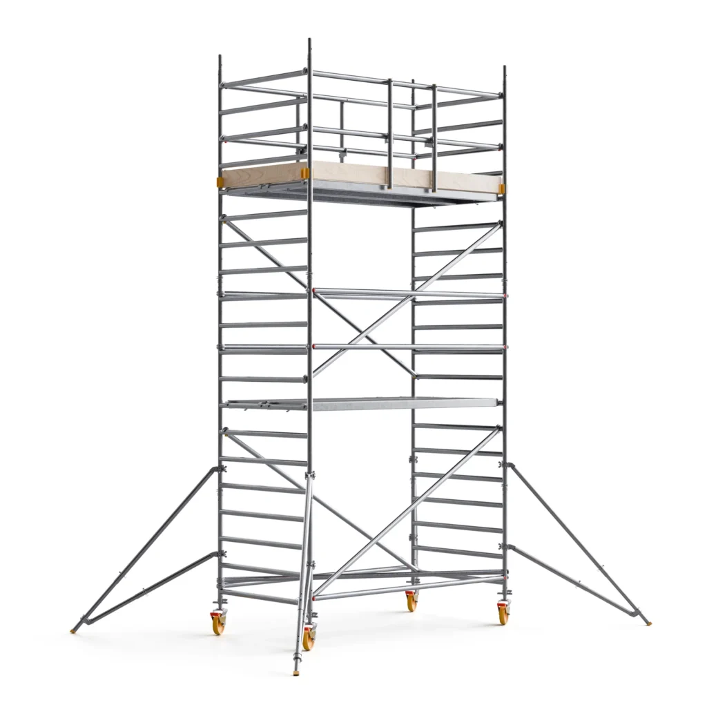 Brede aluminium rolsteiger van 4 meter platformhoogte met klimsporten, tussenplateau en een ruim houten werkplatform