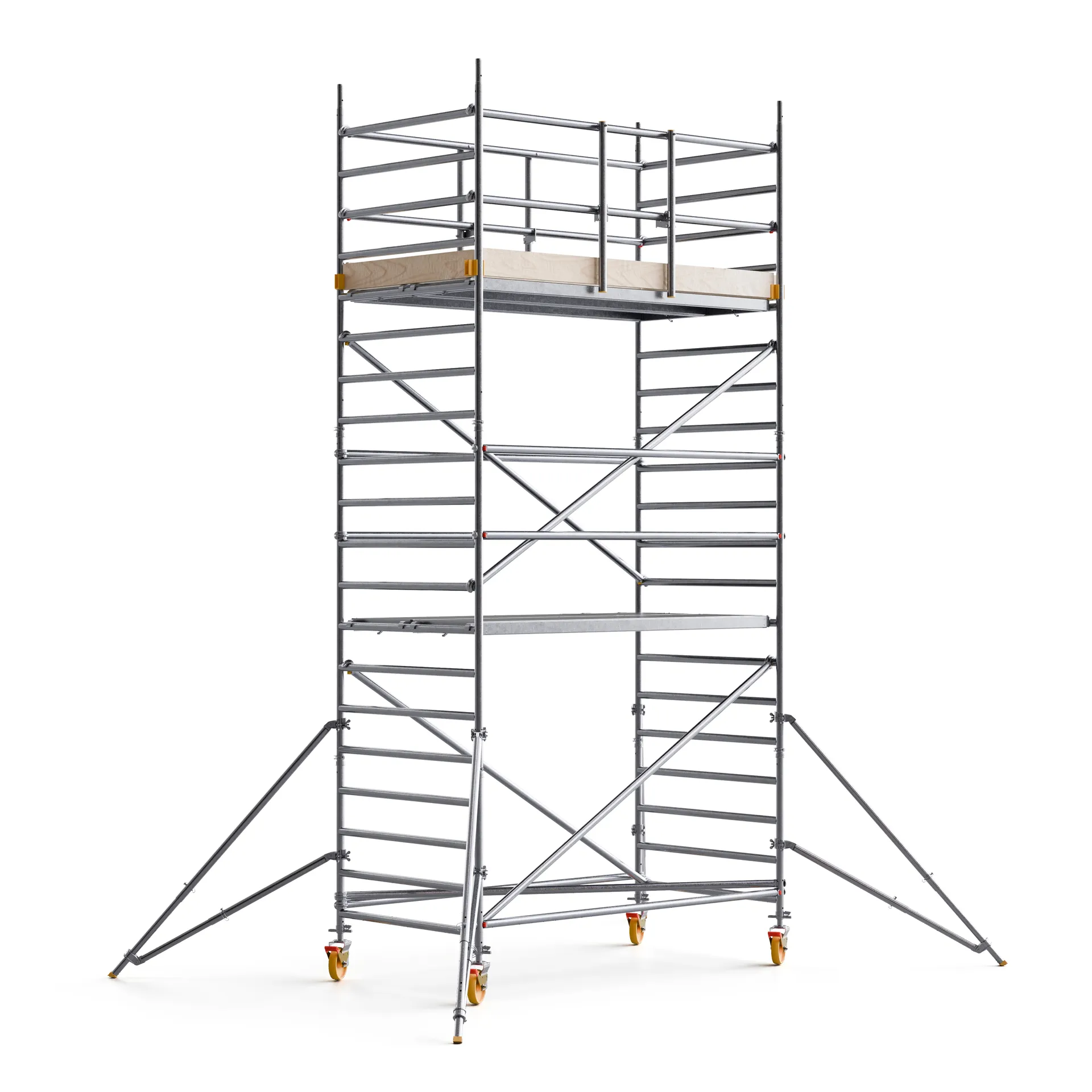 Brede aluminium rolsteiger van 4 meter platformhoogte met klimsporten, tussenplateau en een ruim houten werkplatform